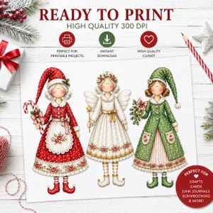 May include: A digital illustration featuring three Christmas-themed figures: a character in a red polka-dot dress with a candy cane, a central angel figure in a white dress with wings and a star wand, and a character in a green coat with mistletoe.