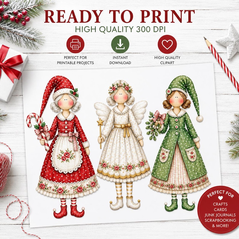 May include: A digital illustration featuring three Christmas-themed figures: a character in a red polka-dot dress with a candy cane, a central angel figure in a white dress with wings and a star wand, and a character in a green coat with mistletoe.