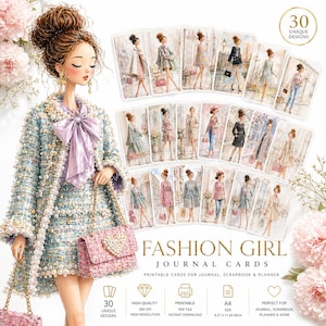 May include: A collection of "Fashion Girl" journal cards featuring illustrations of women in various outfits. The cards are A4 size, with 30 unique designs. The image also includes a drawing of a woman in a blue tweed outfit with a pink purse.