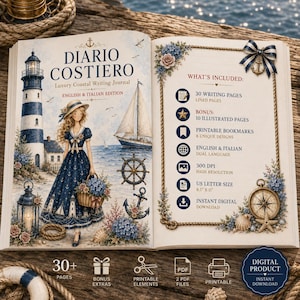 May include: An open digital writing journal titled Diario Costiero featuring a lighthouse, a sailboat, and a person in a blue dress on the left page. The right page lists contents including 30 lined pages, 10 illustrated pages, and 8 bookmarks in 8.5 x 11 inch US letter size.