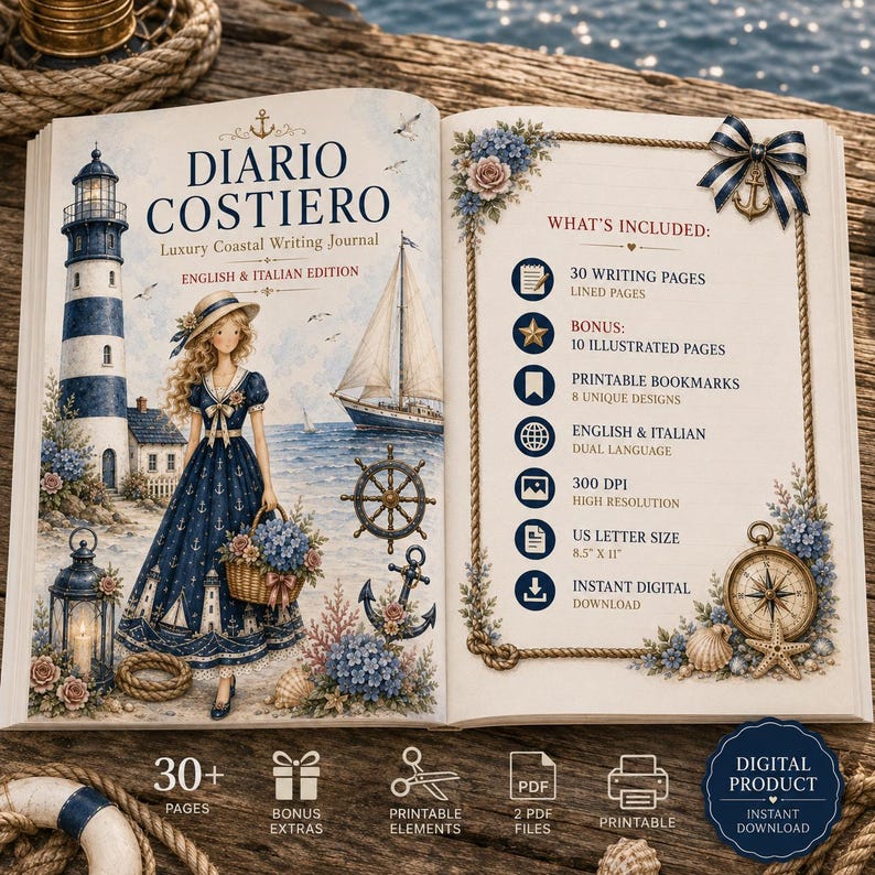 May include: An open digital writing journal titled Diario Costiero featuring a lighthouse, a sailboat, and a person in a blue dress on the left page. The right page lists contents including 30 lined pages, 10 illustrated pages, and 8 bookmarks in 8.5 x 11 inch US letter size.