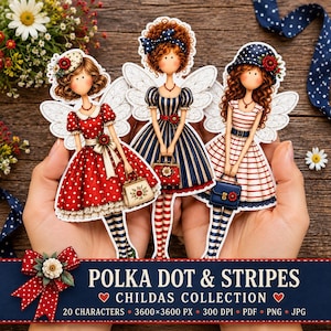 Pode incluir: Três personagens de fadas ilustrados com cabelos cacheados e asas, cada um vestindo um vestido com bolinhas ou listras. A fada da esquerda usa um vestido vermelho de bolinhas, a do centro um vestido listrado de azul e a da direita um listrado de vermelho e branco.