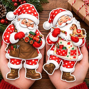 Pode incluir: Dois autocolantes recortados com o Pai Natal. Um usa um avental castanho e segura um comboio de brincar com uma chave inglesa. O outro usa um avental branco com padrões florais vermelhos, segurando um pincel e um pequeno cavalo de baloiço.