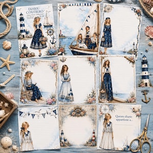 May include: A collection of stationery sheets featuring nautical illustrations of lighthouses, sailboats, anchors, and figures in maritime attire. The designs include lined paper with floral accents, decorative borders, and text reading DIARIO COSTIERO.