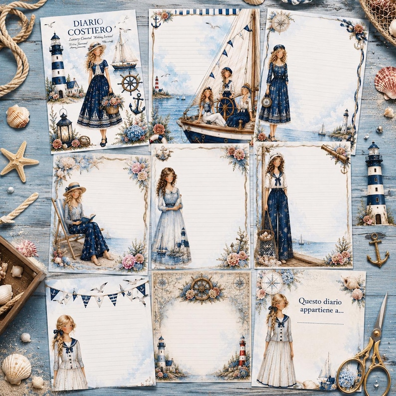 May include: A collection of stationery sheets featuring nautical illustrations of lighthouses, sailboats, anchors, and figures in maritime attire. The designs include lined paper with floral accents, decorative borders, and text reading DIARIO COSTIERO.