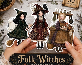 May include: A set of three illustrated stickers featuring characters in folk-style clothing: a witch on a broom with a ghost, a witch with a raven, and a person holding mushrooms in a kitchen. The text reads Folk Witches Collection and 30 Characters.
