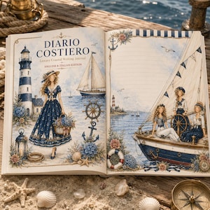 May include: An open writing journal titled Diario Costiero featuring nautical illustrations of a lighthouse, a sailboat, and figures in navy blue and white attire. The pages are decorated with anchors, ship wheels, and floral accents.