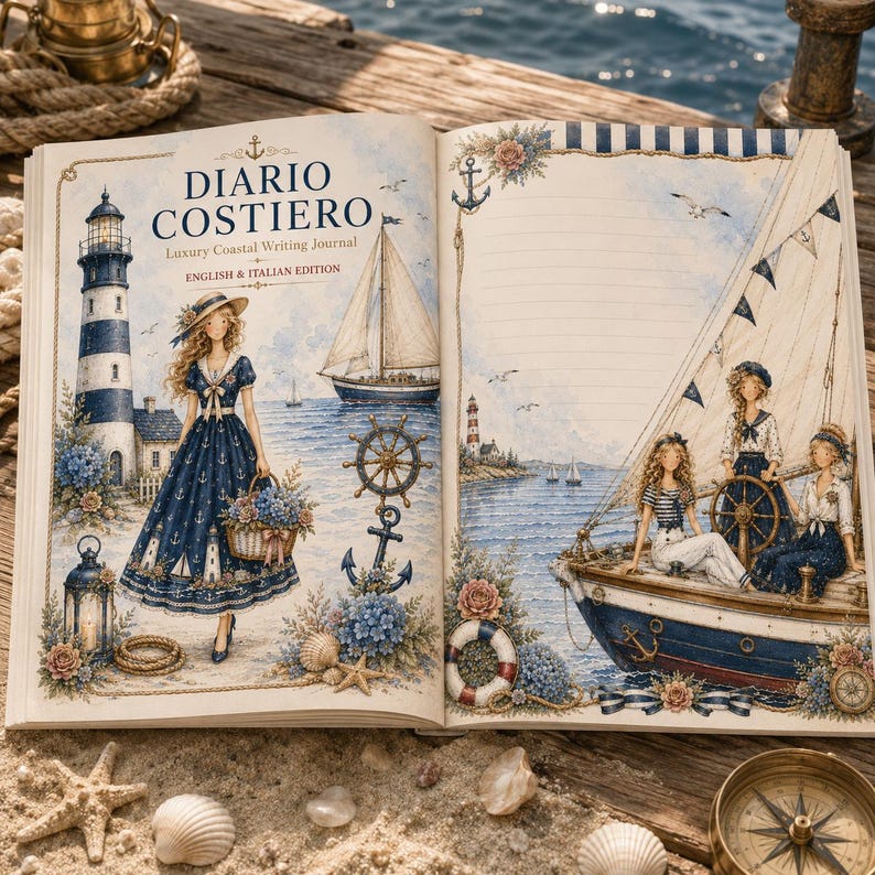 May include: An open writing journal titled Diario Costiero featuring nautical illustrations of a lighthouse, a sailboat, and figures in navy blue and white attire. The pages are decorated with anchors, ship wheels, and floral accents.