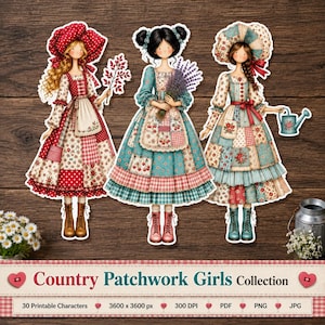 Pode incluir: Três bonecas de papel ilustradas intituladas Country Patchwork Girls Collection. Cada boneca veste um vestido longo de patchwork com padrões florais e xadrez, aventais e botas. Elas seguram bagas vermelhas, lavanda e um regador.