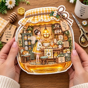 Puede incluir: Una pegatina troquelada con forma de tarro de miel que presenta una ilustración detallada de un hada con vestido amarillo horneando en una cocina. El tarro tiene una tapa de cuadros amarillos, un lazo de cuerda y una etiqueta que dice Sweet Things Happen Here. La escena incluye un gato, estantes y utensilios.