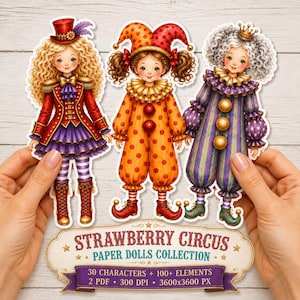 Pode incluir: Três bonecas de papel com trajes de circo. A boneca da esquerda usa um casaco vermelho e saia roxa. A boneca central usa um traje de palhaço laranja com bolinhas. A boneca da direita usa um traje listrado roxo e verde. Texto: STRAWBERRY CIRCUS.