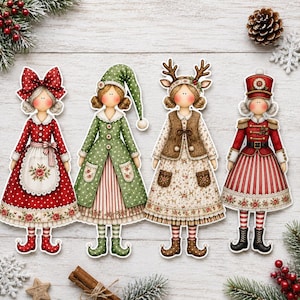 May include: Four decorative paper dolls featuring festive holiday outfits. The first wears a red polka dot dress with a large bow. The second wears a green polka dot coat and hat. The third has reindeer antlers. The fourth wears a red soldier uniform.