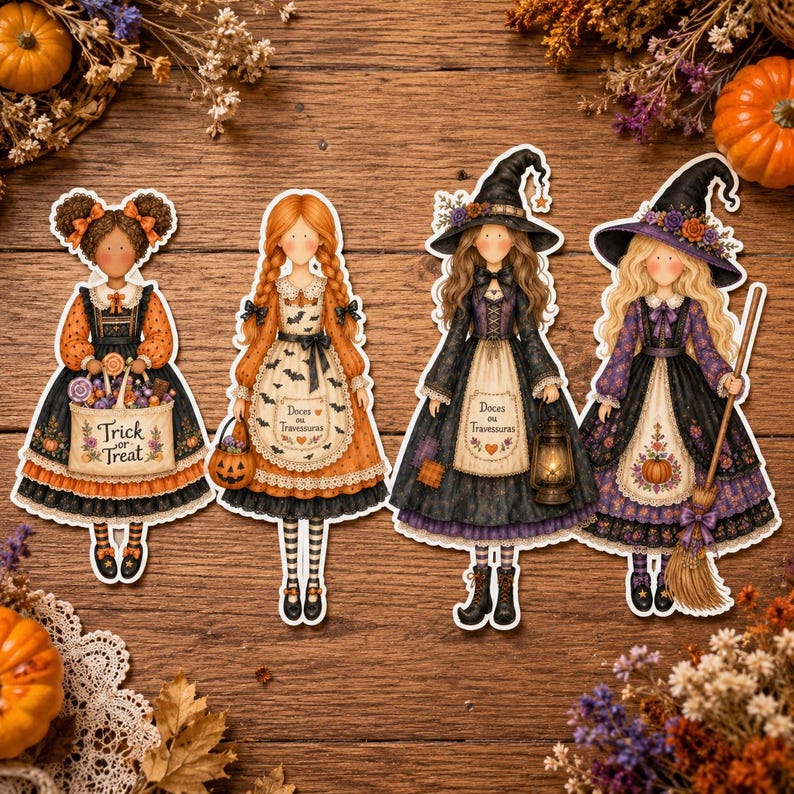 May include: Four die-cut stickers of girls in Halloween costumes. The first holds a bag labeled Trick or Treat. The others wear dresses with aprons labeled Doces ou Travessuras, featuring bats, pumpkins, and floral patterns, with accessories like a lantern and broom.