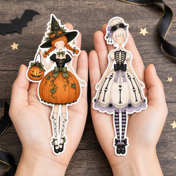 Halloween Paper Dolls, 25+ Printable Gothic Children, Witch, Ghost, Bat & Pumpkin Girls, Digital Download