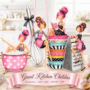 Könnte beinhalten: Digitale Illustration mit vier Zeichentrickfiguren in einer Küche mit einem rosa gepunkteten Topf, einem großen Schneebesen, einem Stapel bunter Schüsseln und einer Käsereibe aus Metall. Ein rosa Banner unten zeigt den Text Giant Kitchen Childas.