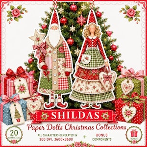 May include: Two paper dolls, a Santa figure and a female figure, both wearing red, green, and white patterned clothing. The Santa holds a star wand, and the female figure holds a heart. Text reads SHILDAS Paper Dolls Christmas Collections.