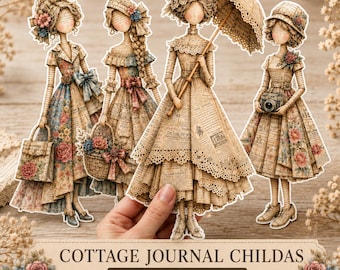 May include: Four paper doll cutouts featuring figures dressed in vintage-style outfits made of printed text and floral patterns. The dolls hold accessories including a handbag, a basket of flowers, a parasol, and a camera. Text reads COTTAGE JOURNAL CHILDAS.