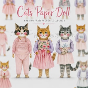 Pode incluir: Ilustração em aquarela de uma coleção "Cats Paper Doll". A imagem apresenta vários personagens de gatos vestidos com várias roupas, incluindo macacões, vestidos e aventais. O texto "Cats Paper Doll" e "Premium Watercolor Collection" é exibido em rosa.