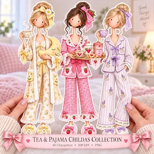 May include: Three illustrated figures in pajamas, one in yellow daisy print holding a moon, one in pink strawberry print holding a tea tray, and one in lavender striped print holding a teacup. The text reads TEA & PAJAMA CHILDAS COLLECTION.