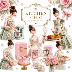 May include: A digital illustration with the text "KITCHEN CHIC" and kitchen-themed imagery. The image includes pink and mint-coloured stand mixers, a pink refrigerator, a cake, and women in aprons. Floral accents and decorative elements complete the design.