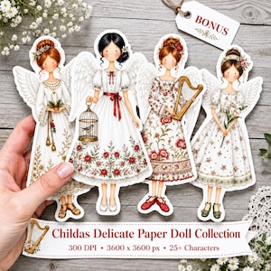 Pode incluir: Quatro bonecas de papel recortadas com figuras de anjos com asas, vestindo vestidos brancos com padrões florais. Uma segura uma gaiola, uma uma harpa e uma um lírio. Uma etiqueta branca com a palavra BONUS e uma faixa com o texto Childas Delicate Paper Doll Collection.