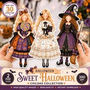 May include: Three illustrated paper dolls featuring Halloween themes. One holds a lollipop, one holds a black cat, and one holds a broomstick. They wear dresses in purple, orange, black, and white with ghost and pumpkin patterns. Text includes "Sweet Halloween Childas Collection".