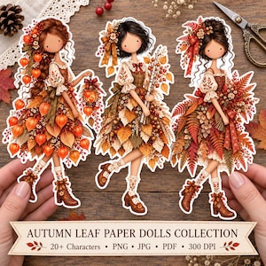 Pode incluir: Três bonecas de papel com trajes de outono feitos de folhas laranja, castanhas e vermelhas. As bonecas usam meias com renda e botas castanhas. Seguram uma lanterna, um ramo e um bouquet. Texto: AUTUMN LEAF PAPER DOLLS COLLECTION.