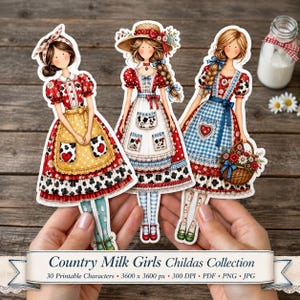 Pode incluir: Três bonecas de papel ilustradas intituladas Country Milk Girls Childas Collection. Cada boneca veste um vestido com padrões vermelhos, brancos e azuis, incluindo xadrez, bolinhas e manchas de vaca. Têm aventais, laços e chapéus.