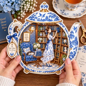 Puede incluir: Una tarjeta troquelada con forma de tetera y patrón Blue Willow. El interior muestra una biblioteca con una persona en un vestido floral azul y blanco, un gato en un sillón azul y estanterías. Texto: The Blue Willow Tea Library 2.