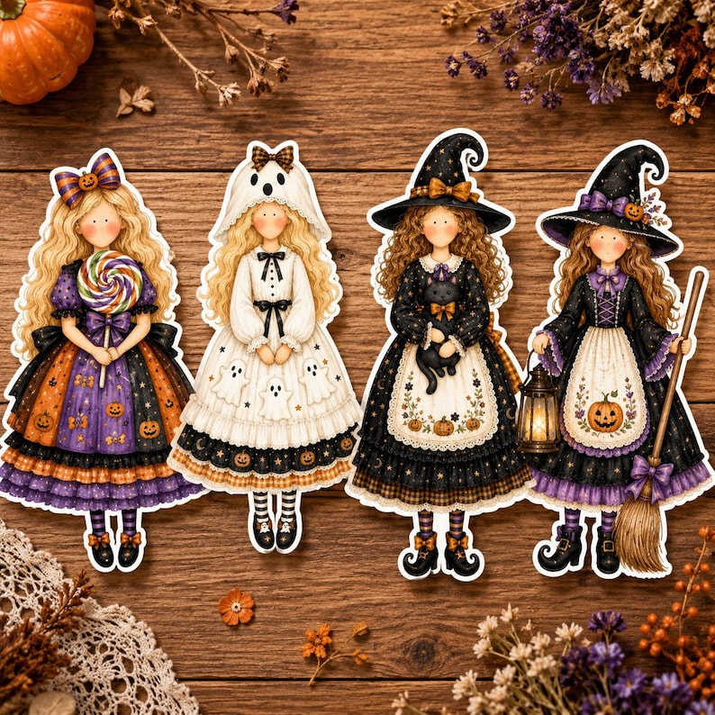 May include: Four paper dolls featuring Halloween themes. The first holds a lollipop, the second wears a ghost hood, the third holds a black cat, and the fourth holds a lantern and broom. Each doll has long blonde or brown hair and wears a dress.