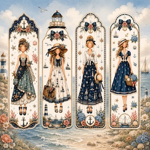 May include: Four vertical bookmarks featuring illustrated figures in nautical-themed outfits. Each design incorporates elements like lighthouses, anchors, sailboats, seashells, and floral accents in a palette of navy blue, cream, and soft red.
