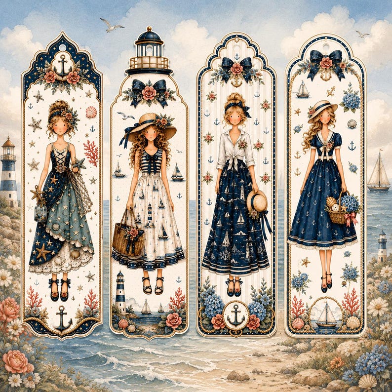 May include: Four vertical bookmarks featuring illustrated figures in nautical-themed outfits. Each design incorporates elements like lighthouses, anchors, sailboats, seashells, and floral accents in a palette of navy blue, cream, and soft red.