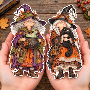 Grumpy Autumn Granny Witches Paper Dolls, 20 Printable Witch Clipart, Halloween Junk Journal, PDF PNG JPG