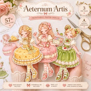 以下が含まれることがあります： "Aeternum Artis"の印刷可能なペーパードール。カラフルなドレスを着た3人のイラストキャラクターが特徴です。人形はチーズ、マカロン、お菓子の箱などの食べ物を持っています。画像には「57+ Characters」、「Print, Cut & Enjoy!」、および「Perfect for Crafts, Junk Journals & More」と書かれたテキストが含まれています。