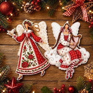 Pode incluir: Dois ornamentos decorativos de anjos com padrões intrincados em vermelho e branco. Um anjo segura um pequeno pássaro branco, enquanto o outro está sentado numa nuvem a tocar harpa. Ambas as figuras têm asas detalhadas, vestidos compridos com flores e cabelo castanho.