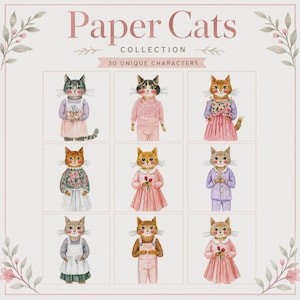 K&ouml;nnte beinhalten: Ein Bogen der Paper Cats Collection mit 30 einzigartigen Charakteren, der neun Aquarell-Illustrationen von anthropomorphen Katzen in verschiedenen Outfits wie Kleidern, Latzhosen und Schlafanz&uuml;gen zeigt, umrahmt von zarten botanischen Blattmotiven.