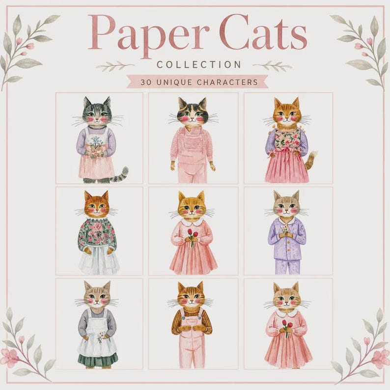 K&ouml;nnte beinhalten: Ein Bogen der Paper Cats Collection mit 30 einzigartigen Charakteren, der neun Aquarell-Illustrationen von anthropomorphen Katzen in verschiedenen Outfits wie Kleidern, Latzhosen und Schlafanz&uuml;gen zeigt, umrahmt von zarten botanischen Blattmotiven.