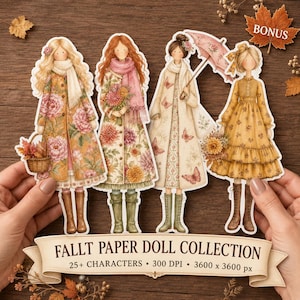 Peut inclure: Un ensemble de quatre poupées en papier illustrées représentant des personnages vêtus de tenues automnales, incluant des manteaux à fleurs, des écharpes et des robes. La collection comprend un panier de feuilles et une ombrelle. Une bannière indique FALLT PAPER DOLL COLLECTION.