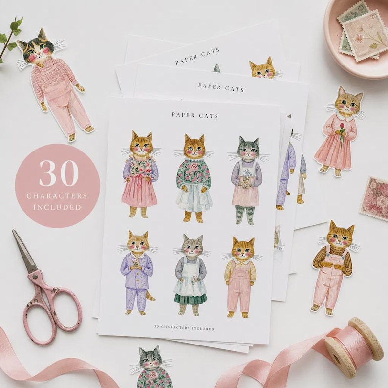 K&ouml;nnte beinhalten: Ein Set aus Papierpuppen mit illustrierten Katzen in verschiedenen Outfits. Die B&ouml;gen sind mit PAPER CATS und 30 CHARACTERS INCLUDED beschriftet. Die Katzen sind im Aquarellstil dargestellt und tragen Kleider, Latzhosen und Schlafanz&uuml;ge in Rosa, Lila und Gr&uuml;n.