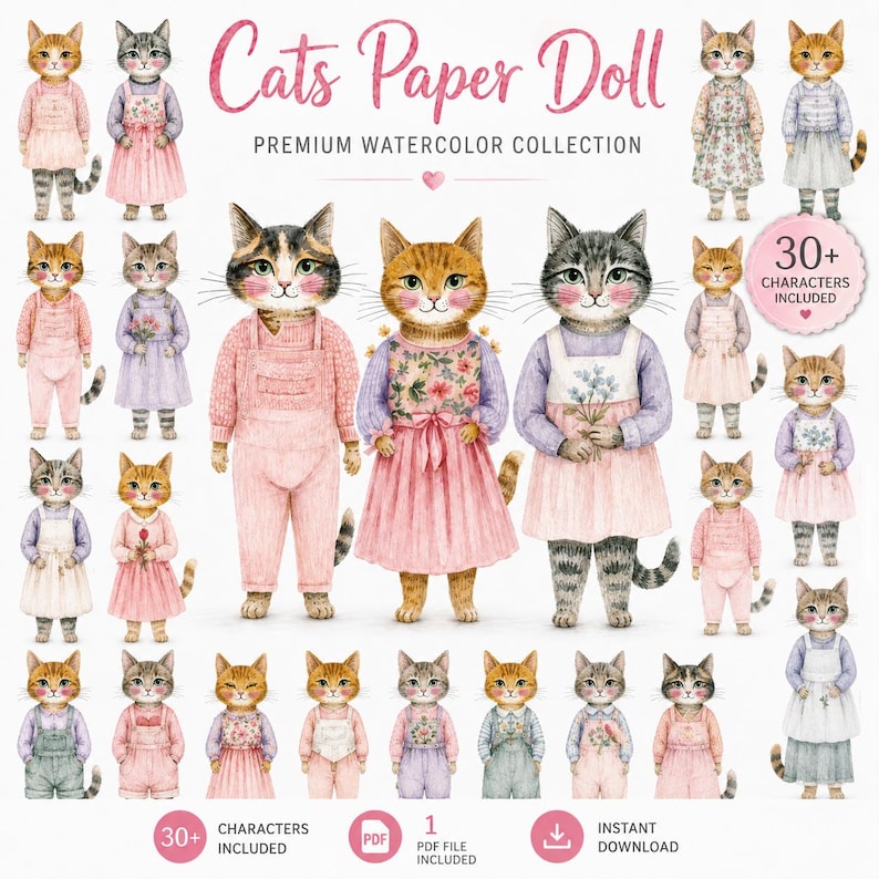K&ouml;nnte beinhalten: Eine digitale Sammlung von Katzen-Papierpuppen im Aquarellstil mit &uuml;ber 30 Charakteren in verschiedenen Outfits wie rosa Latzhosen, Blumenkleidern und Pullovern. Der Text lautet Cats Paper Doll, Premium Watercolor Collection und 30+ Characters Included.