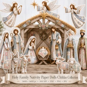 Pode incluir: Uma coleção de bonecos de papel da Natividade com figuras da Sagrada Família, anjos, reis magos e animais. Os personagens vestem túnicas estampadas em tons suaves de azul e creme. Inclui um estábulo de madeira, com o texto Holy Family Nativity Paper Dolls Childas Collection 3600 x 3600 px 300 DPI PDF PNG JPG.