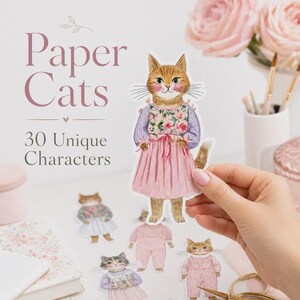 K&ouml;nnte beinhalten: Ein Set aus Papierkatzen mit 30 einzigartigen Charakteren. Der Hauptausschnitt zeigt eine orangefarbene getigerte Katze mit einem Blumenoberteil und einem rosa Rock. Weitere Papierkatzen sind abgebildet, darunter Katzen in rosa Latzhosen.