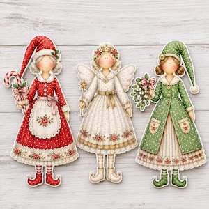 May include: Three decorative paper cutouts of figures in holiday attire. The left figure wears a red polka-dot dress and hat, holding a candy cane. The center figure is an angel in a white dress with wings. The right figure wears a green coat.