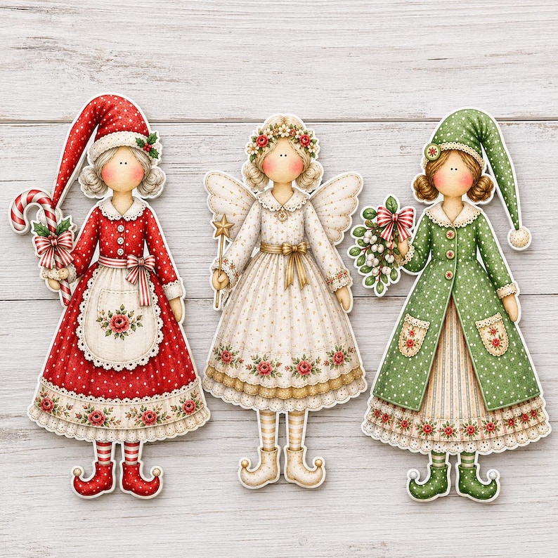 May include: Three decorative paper cutouts of figures in holiday attire. The left figure wears a red polka-dot dress and hat, holding a candy cane. The center figure is an angel in a white dress with wings. The right figure wears a green coat.