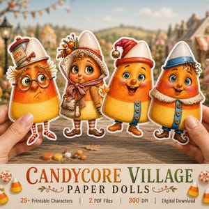 May include: Four candy corn characters with orange and yellow bodies, wearing hats and accessories. The text reads CANDYCORE VILLAGE PAPER DOLLS, 25+ Printable Characters, 2 PDF Files, 300 DPI, Digital Download. The figures have large eyes and colorful outfits.