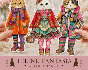 Könnte beinhalten: Drei skurrile Katzenillustrationen in farbenfrohen, gemusterten Outfits. Die Katzen tragen Mäntel, Kleider und Stiefel mit Blumen- und Patchwork-Designs. Der Text "FELINE FANTASIA" wird darunter zusammen mit weiteren Details angezeigt.