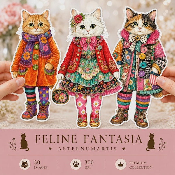 Paquete de 30 muñecas de papel de gatos caprichosas en formato PDF, imágenes prediseñadas de lindos personajes de gatos de estilo vintage, muñecas de gatos imprimibles, fondo blanco digital