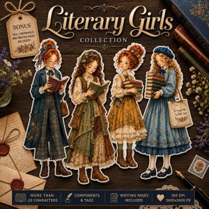 May include: A digital collection titled Literary Girls featuring four illustrated characters with long hair, each wearing layered clothing and holding books. The set includes bonus tags, components, and writing pages with a 300 DPI resolution.