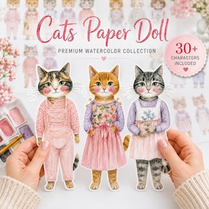 K&ouml;nnte beinhalten: Ein Set aus Aquarell-Papierpuppen mit drei anthropomorphen Katzen in Kleidung. Der Text lautet Cats Paper Doll PREMIUM WATERCOLOR COLLECTION und 30+ CHARACTERS INCLUDED. Die Katzen tragen eine rosa Latzhose, ein Blumenkleid und ein lila Kleid.