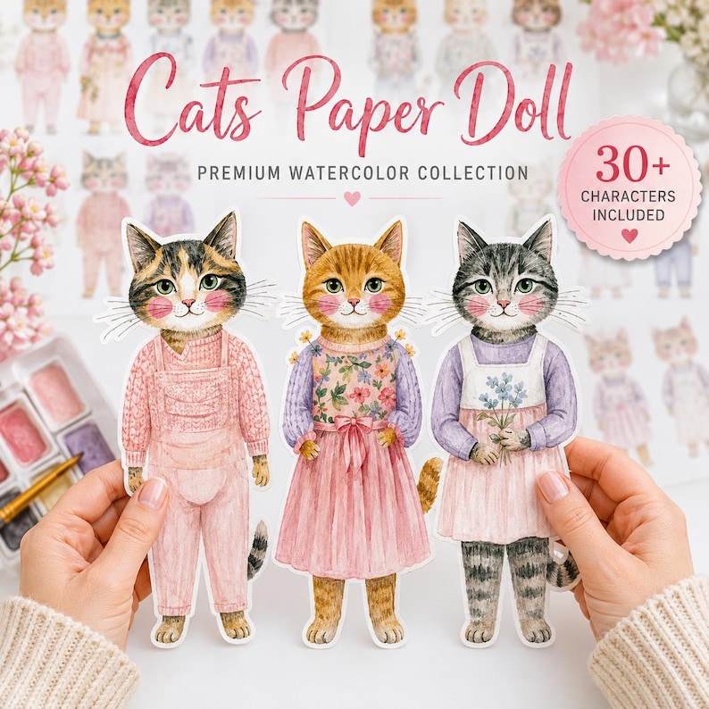 K&ouml;nnte beinhalten: Ein Set aus Aquarell-Papierpuppen mit drei anthropomorphen Katzen in Kleidung. Der Text lautet Cats Paper Doll PREMIUM WATERCOLOR COLLECTION und 30+ CHARACTERS INCLUDED. Die Katzen tragen eine rosa Latzhose, ein Blumenkleid und ein lila Kleid.